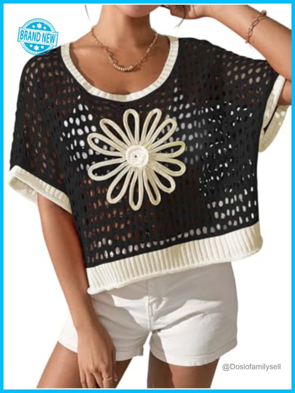 Crochet Knit Off Shoulder Cover-Up Top with Floral Applique - Women's Summer